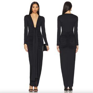 NEW Susana Monaco Tie Gathered Long Sleeve Dress in Black Maxi Plunge Deep V